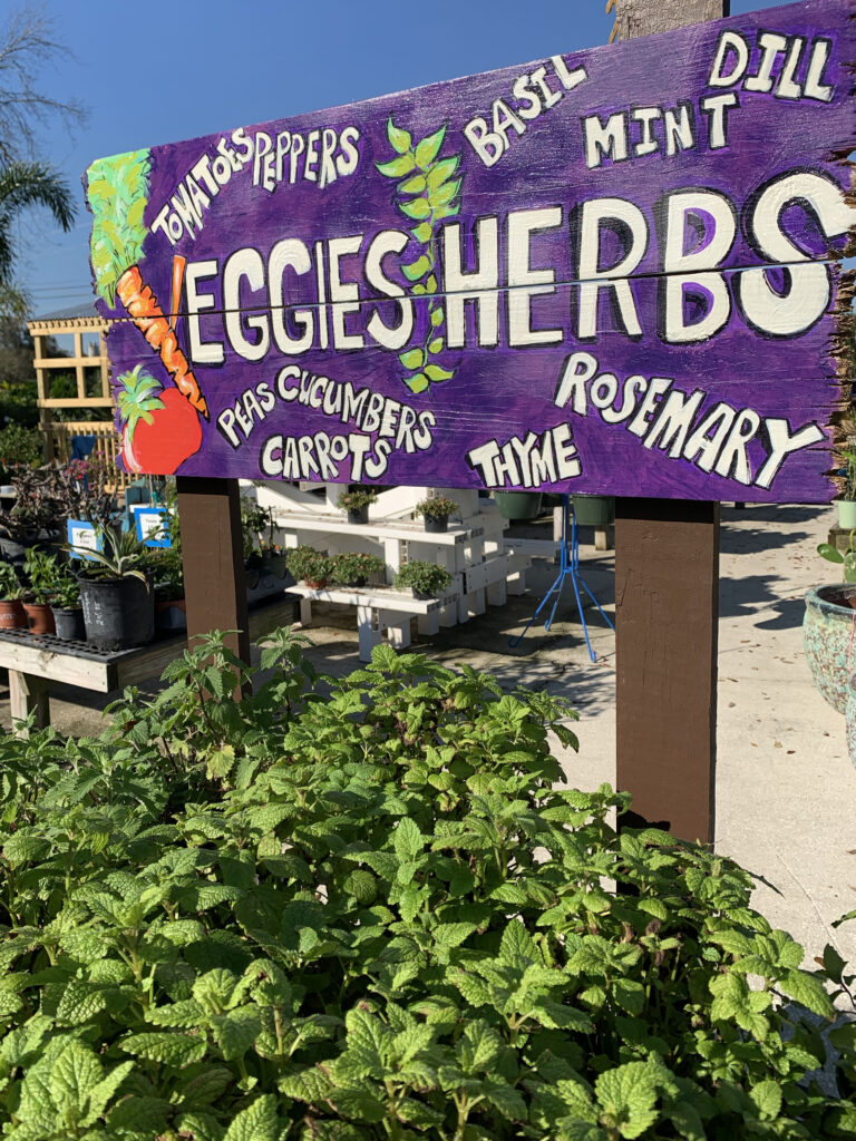 A sign that says veggies herbs with plants in the background.