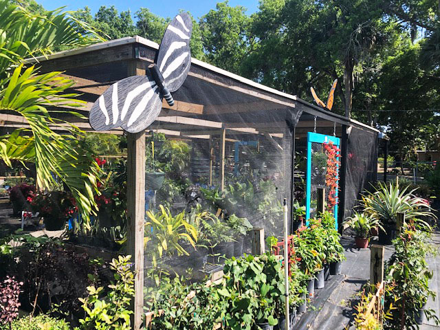 A butterfly sculpture is on display outside of a greenhouse.